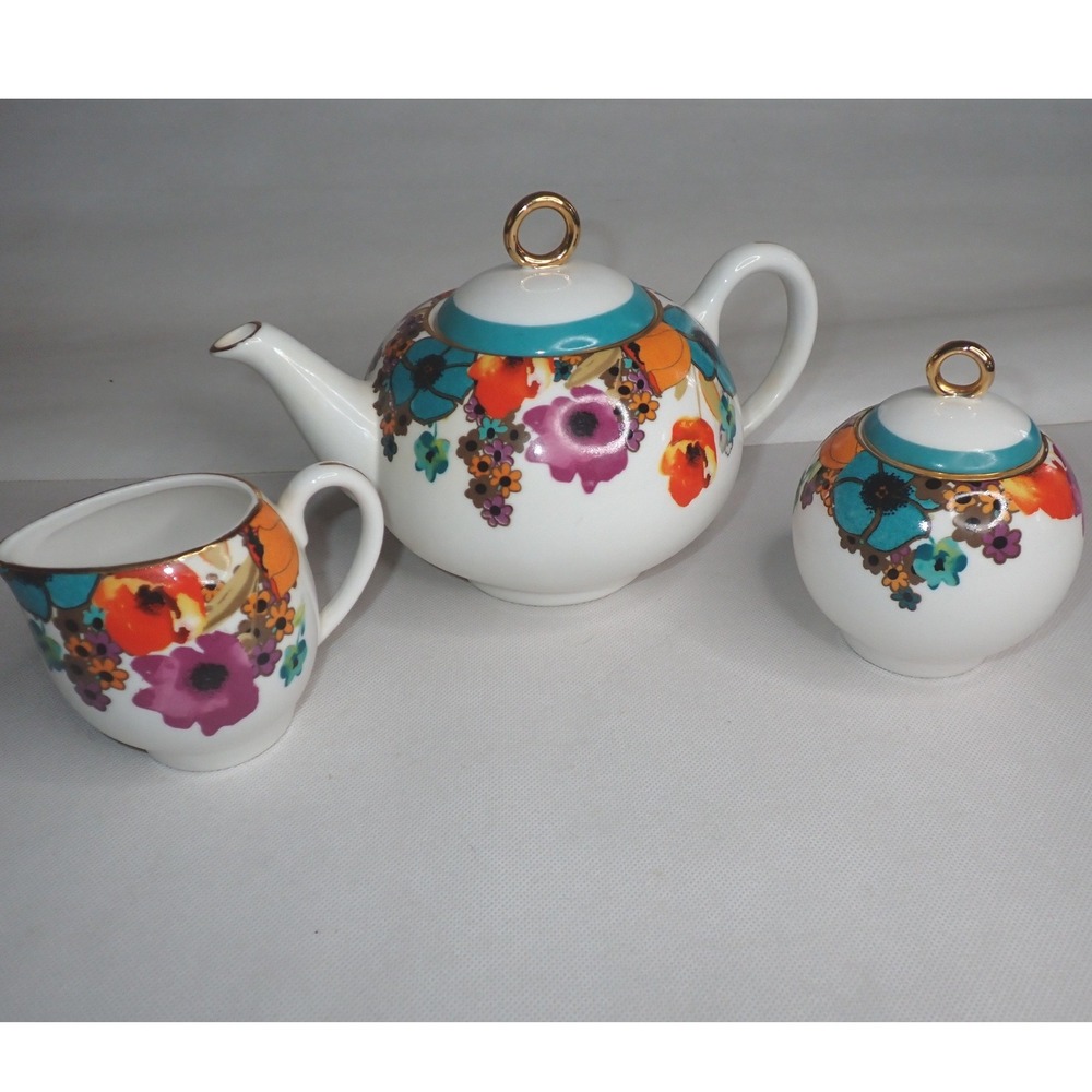 Grace's Teaware Spring Multi Poppy Floral 4 Cup Tea Pot, Cream & Sugar Set